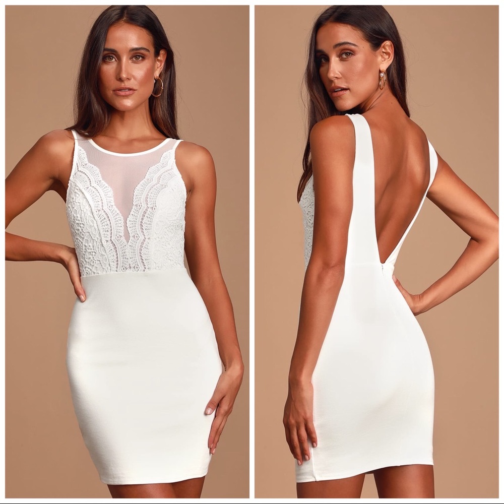 NWT Lulu’s Coquina Plunge Lace White Bodycon